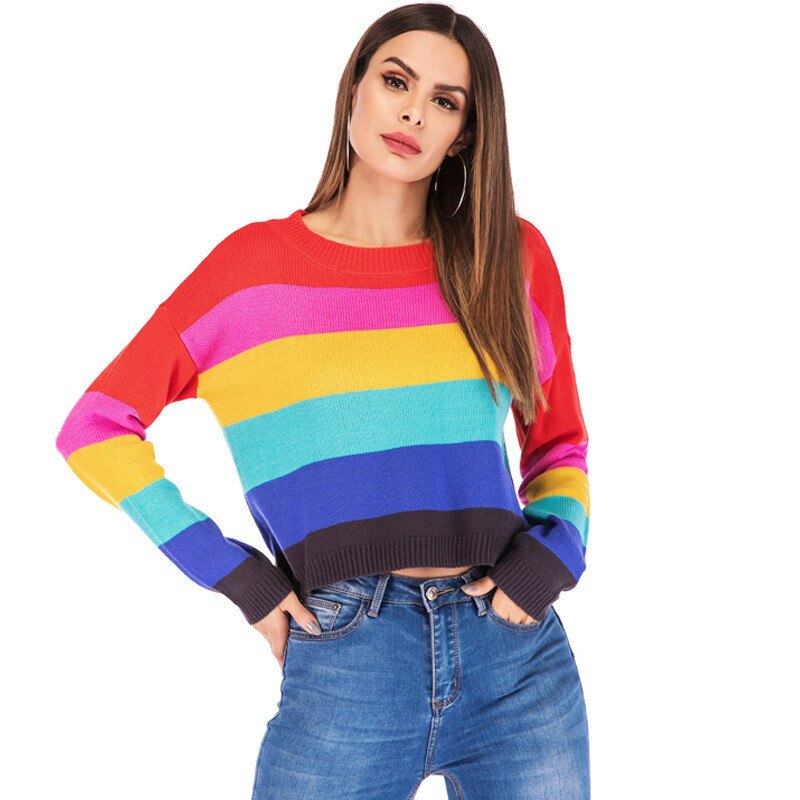 Streetwear Hit Stripe Women Knit Crop Sweater Casual O-neck Female Jumpers Pullovers Spring Autumn Lady Sweaters Tops - LiveTrendsX