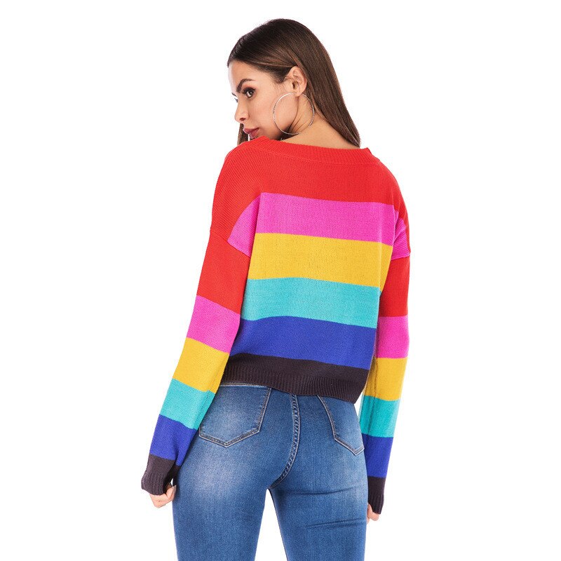 Streetwear Hit Stripe Women Knit Crop Sweater Casual O-neck Female Jumpers Pullovers Spring Autumn Lady Sweaters Tops - LiveTrendsX