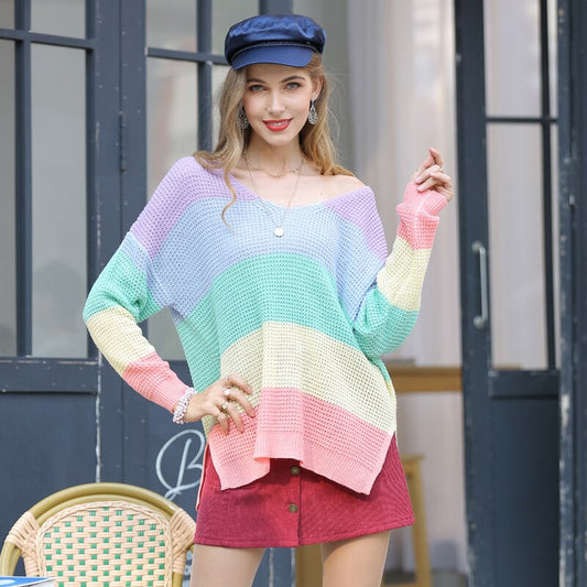 Long Sleeve Loose V-neck Sweater Rainbow Colorblock Turtleneck Fashion Sweater Women's  Winter Elegant Casual Sweater Girl - LiveTrendsX