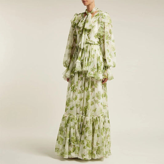 Ruffles Green Flower Print Lantern Sleeve Party Elegant Dresses
