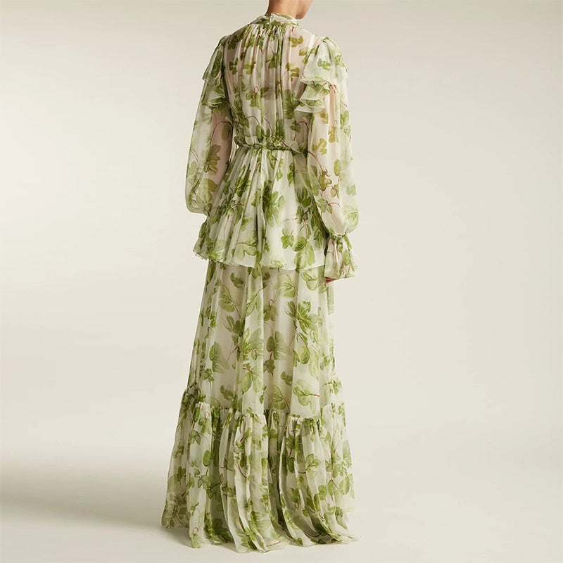 Ruffles Green Flower Print Lantern Sleeve Party Elegant Dresses