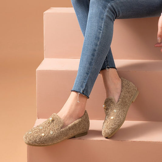 レディースローファー ニットウール メタルブリン装飾 ラウンドトゥ