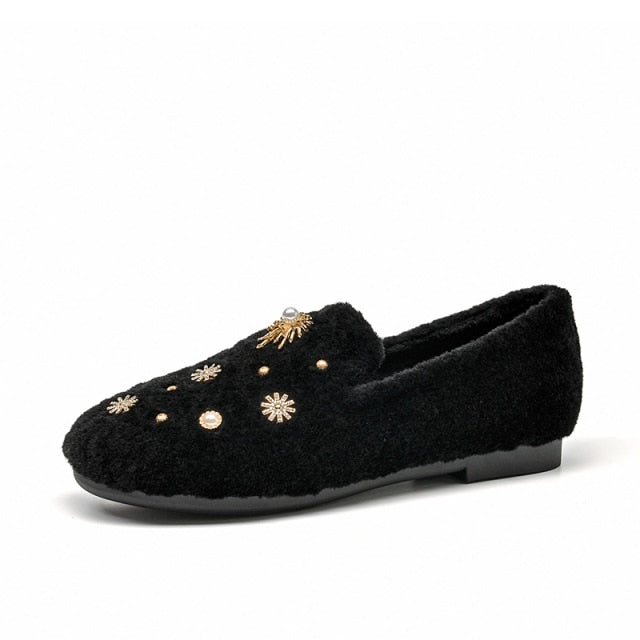 Women Loafers Knitting Wool Metal Bling Decoration Round Toe