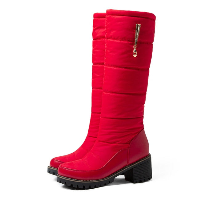 Snow Boots Women Winter Long Plush Down Lady High Square Heels G315 Woman Black Blue Red Round Toe Rhinestone Knee High Boots - LiveTrendsX