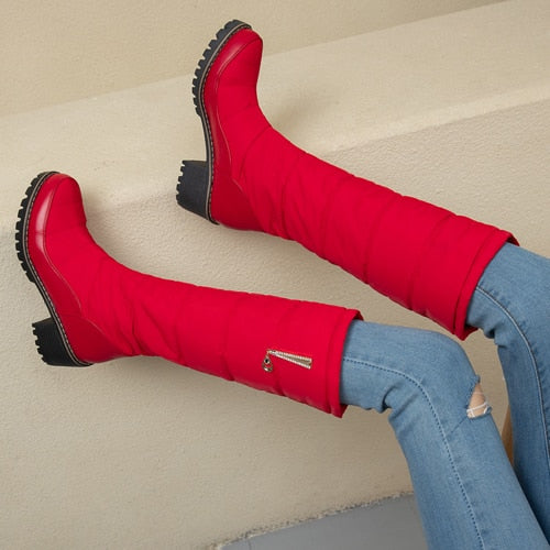 Snow Boots Women Winter Long Plush Down Lady High Square Heels G315 Woman Black Blue Red Round Toe Rhinestone Knee High Boots - LiveTrendsX