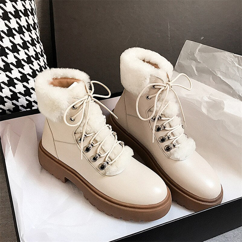 Real Leather Platform Block High Heel Ankle Boots Snow Boots Women Shoes Lace Up Fur Lining Warm Short Boots Winter 40 - LiveTrendsX