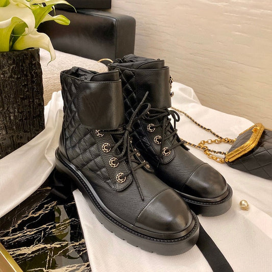 Luxury design new women's cowhide fashion Martin boots trendy girl motorcycle boots thick-soled Velcro laces women's shoes - LiveTrendsX