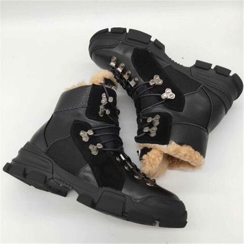 Fur Snow Boots Winter Comfortable Ankle Boots Lace Up Short Boots Zapatos De Mujer Fashion Female Shoes Black Brown Shoes - LiveTrendsX