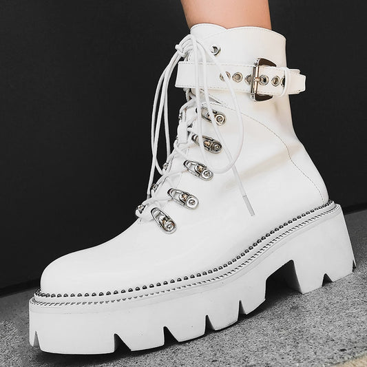 Black White Fashion Leather Ankle Boots Women Thick High Heels Platform Boots Autumn Winter Zipper Motorcycle Boots Ladies Shoes - LiveTrendsX