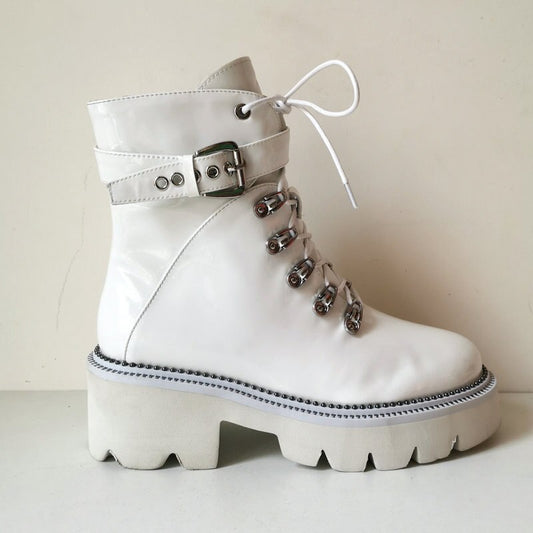 Black White Fashion Leather Ankle Boots Women Thick High Heels Platform Boots Autumn Winter Zipper Motorcycle Boots Ladies Shoes - LiveTrendsX