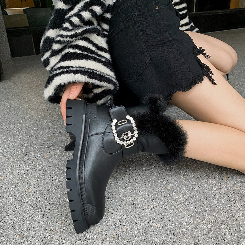 Russian winter Women ankle boots Split leather + rabbit fur thick plush lining winter booties Round head beaded with wild buckle - LiveTrendsX
