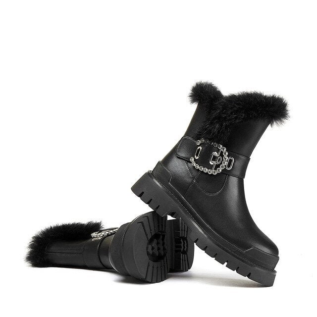 Russian winter Women ankle boots Split leather + rabbit fur thick plush lining winter booties Round head beaded with wild buckle - LiveTrendsX
