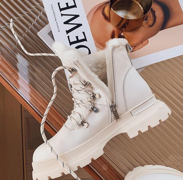 White Thick-soled  Velvet Warm Boots Women's Round Head Thick Heel Lace-up Furry Short Boots 2020 Winter Snow Boots Top Fashion - LiveTrendsX