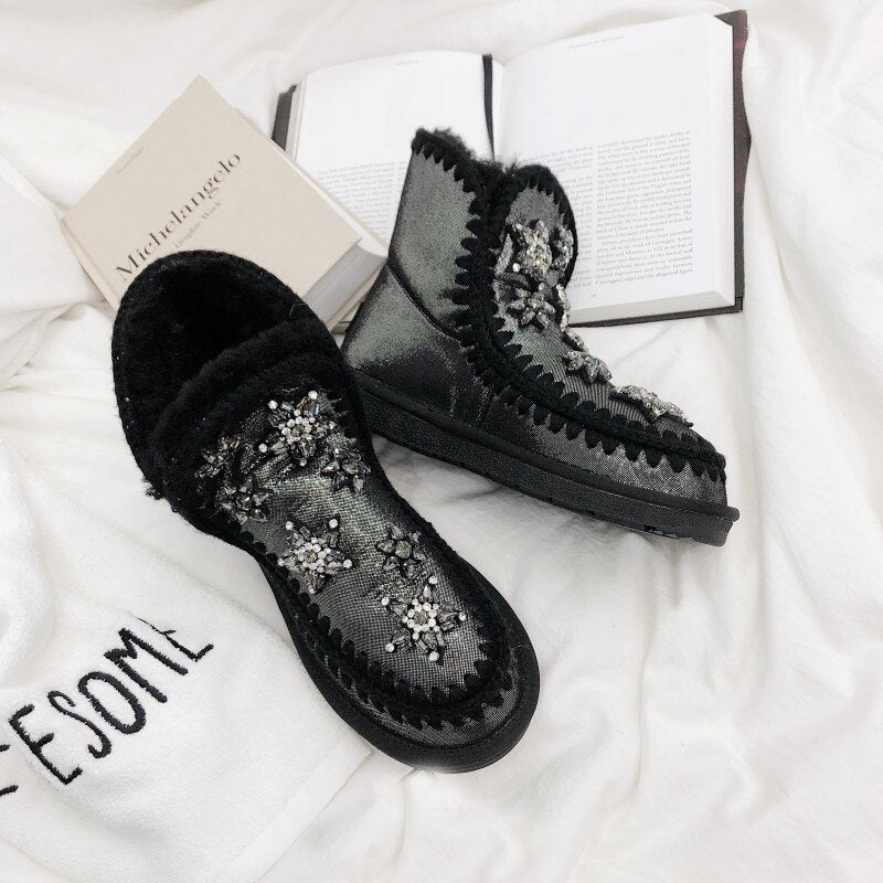 New Style Keep Warm Snow Boots Winter New Handmade Hook Line Rhinestone Star Thick Bottom Wool Short Boots Women Ankle Shoes - LiveTrendsX