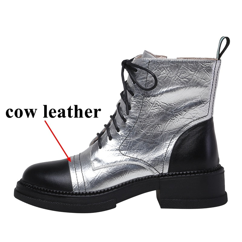 Mixed Colors Women Ankle Boots Silver Gold Platform Shoes Winter Fashion Genuine Leather Lace Up Boots Casual Shoes - LiveTrendsX