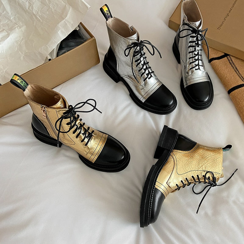 Mixed Colors Women Ankle Boots Silver Gold Platform Shoes Winter Fashion Genuine Leather Lace Up Boots Casual Shoes - LiveTrendsX