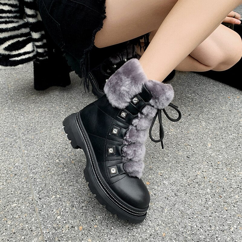 HOT Sale Russian winter Women ankle boots Split leather +rabbit fur thick plush lining winter booties Diamond front strap shoes - LiveTrendsX