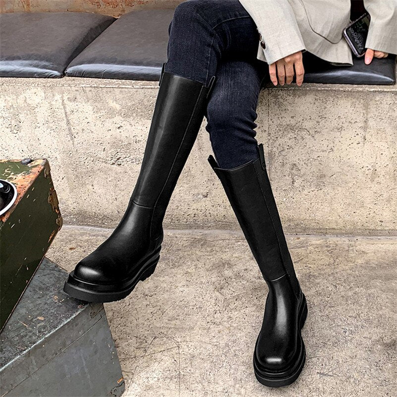 Knee High Boots Woman Real Leather High Heel Chelsea Boots Platform Chunky Heel Long Boots Zipper Ladies Shoes Beige 40 - LiveTrendsX