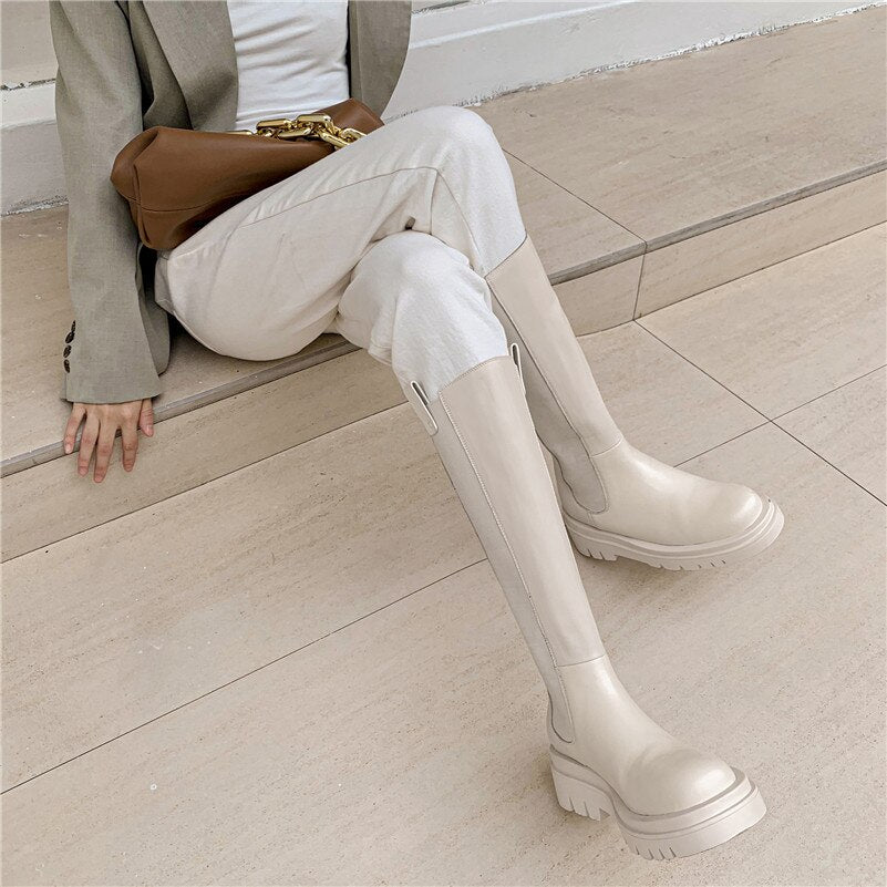 Knee High Boots Woman Real Leather High Heel Chelsea Boots Platform Chunky Heel Long Boots Zipper Ladies Shoes Beige 40 - LiveTrendsX