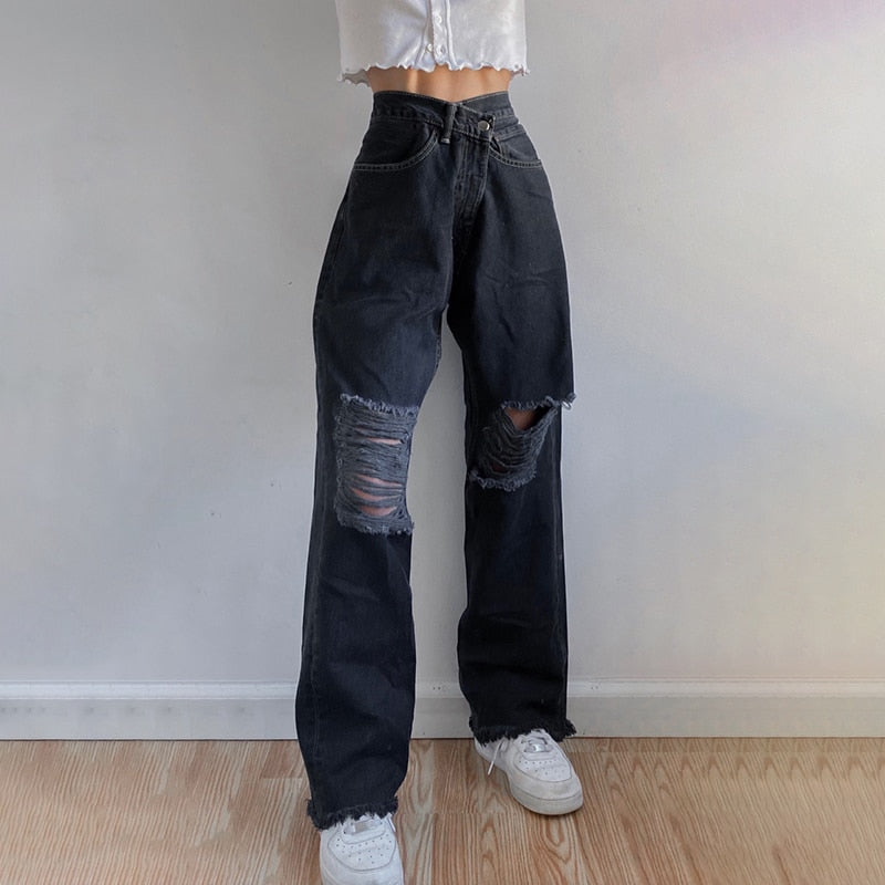 Women Ripped High Waisted Denim Pants Vintage Holes