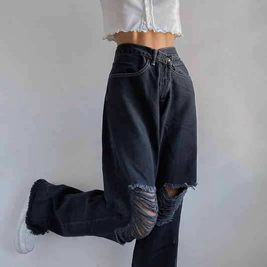 Women Ripped High Waisted Denim Pants Vintage Holes