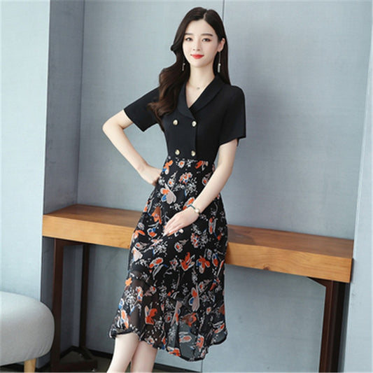 Floral chiffon dress summer new short-sleeved temperament fashion double-breasted black stitching A-line dress - LiveTrendsX