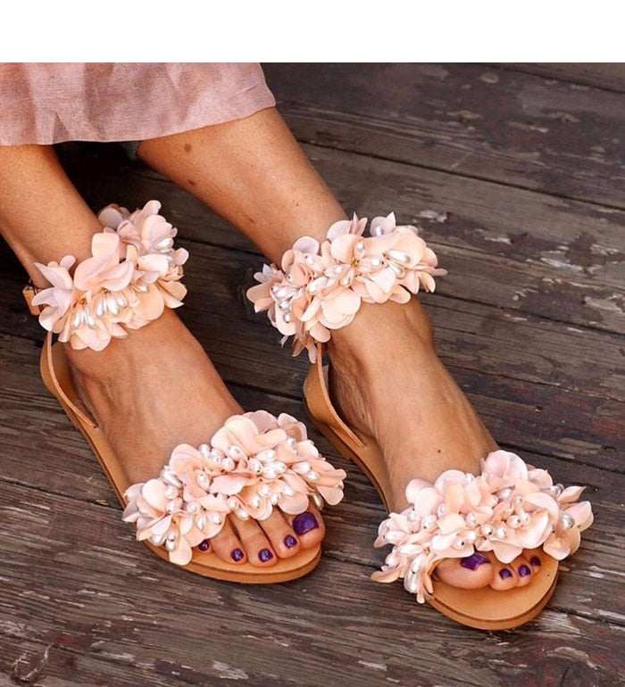 Summer Flat Sandals Women Flowers Handmade Beaded Rhinestones Pearl Lady Wind Plus Size 34-43 - LiveTrendsX