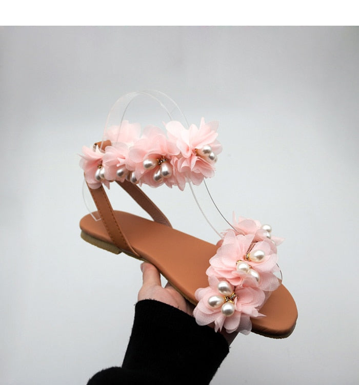 Summer Flat Sandals Women Flowers Handmade Beaded Rhinestones Pearl Lady Wind Plus Size 34-43 - LiveTrendsX