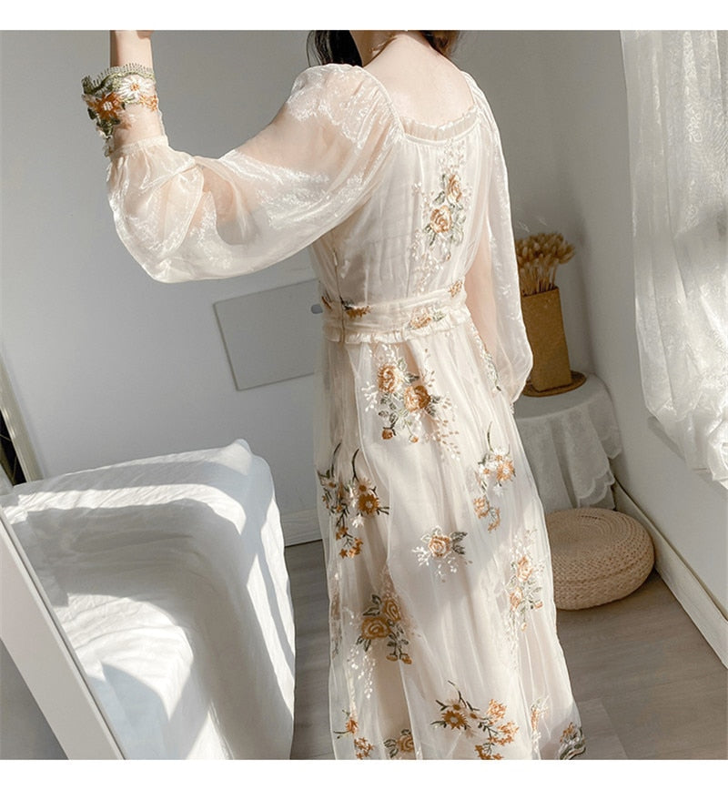 French summer new fashion square collar mesh embroidery stitching elegant temperament long-sleeved dress women - LiveTrendsX