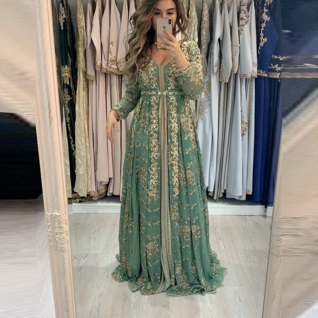 Green Moroccan Kaftan Formal Evening Dresses Lace Appliques Arabic Muslim Special Occasion Dresses Custom Made - LiveTrendsX