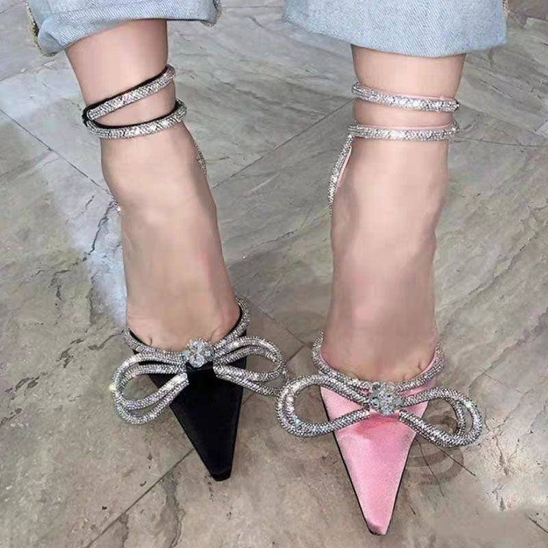 2021 New Rhinestone Butterfly-knot Sandals Fine Heel Sandals Women Crystal Fairy Wind Pink Bow Tie With Diamond High Heels - LiveTrendsX