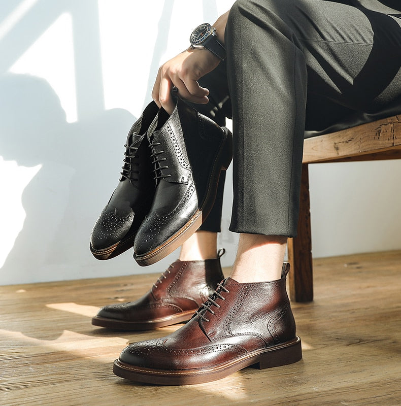 Mens Platform Brogue Casual Ankle  Lace Up dress  boots