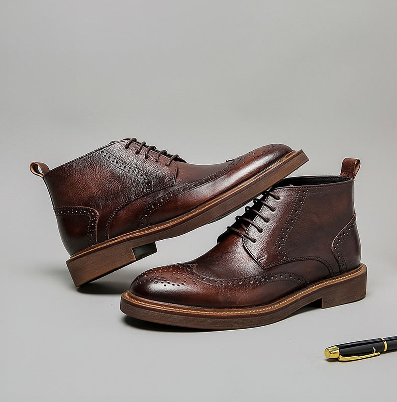 Mens Platform Brogue Casual Ankle  Lace Up dress  boots