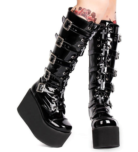 オートバイ パンクブーツ レディース ウェッジ プラットフォーム シューズ