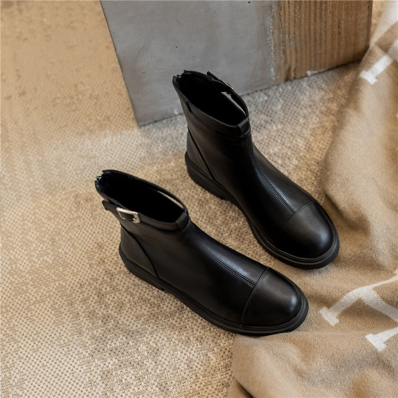 女性用アンクルブーツ ジッパー 簡潔なデザイナー 厚底ヒールシューズ