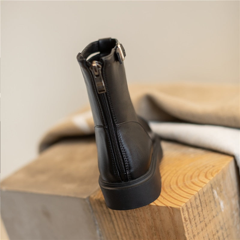 女性用アンクルブーツ ジッパー 簡潔なデザイナー 厚底ヒールシューズ