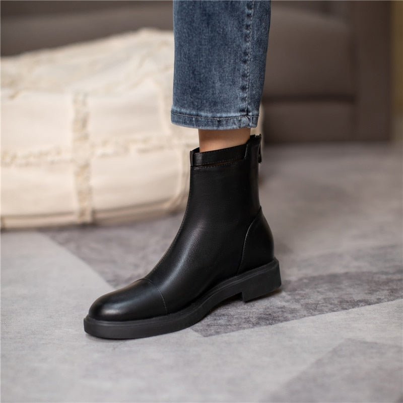 女性用アンクルブーツ ジッパー 簡潔なデザイナー 厚底ヒールシューズ
