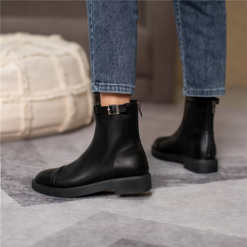 女性用アンクルブーツ ジッパー 簡潔なデザイナー 厚底ヒールシューズ
