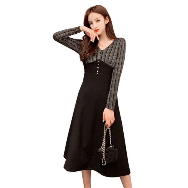 Long sleeve dress female  French spring and autumn new fashion temperament V-neck long stitching dress - LiveTrendsX