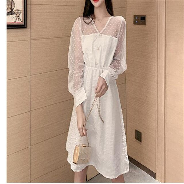 Polka-dot mesh Stitching Women Long Sleeve LooseDress Elegant White Mesh Autumn A Line Party Clothes - LiveTrendsX