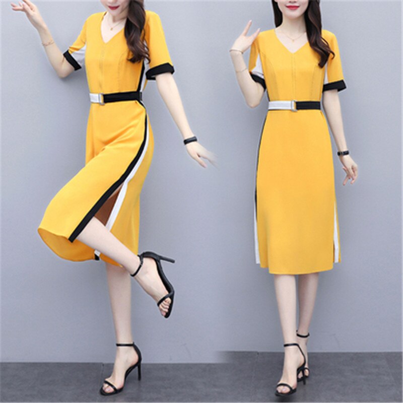 Real shot large size women's new fat mm simple Hepburn style contrast color stitching V neck cover belly slim temperament dress - LiveTrendsX