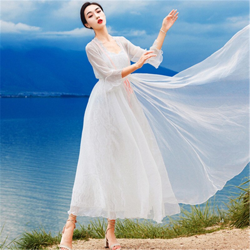 Runway ladies gauze ball gown long dress  summer sexy white short-sleeved slim bohemian dress elegant Vestidos - LiveTrendsX