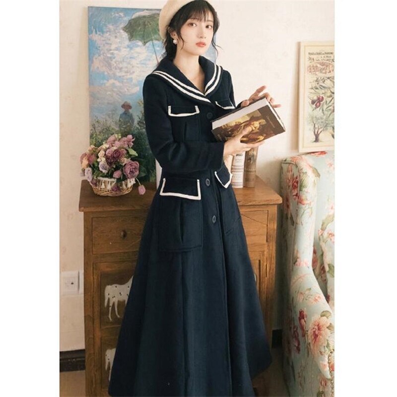 Women's autumn and winter French elegant dress navy collar long sleeve Vestidos Mujer Invierno long thick warm dress - LiveTrendsX