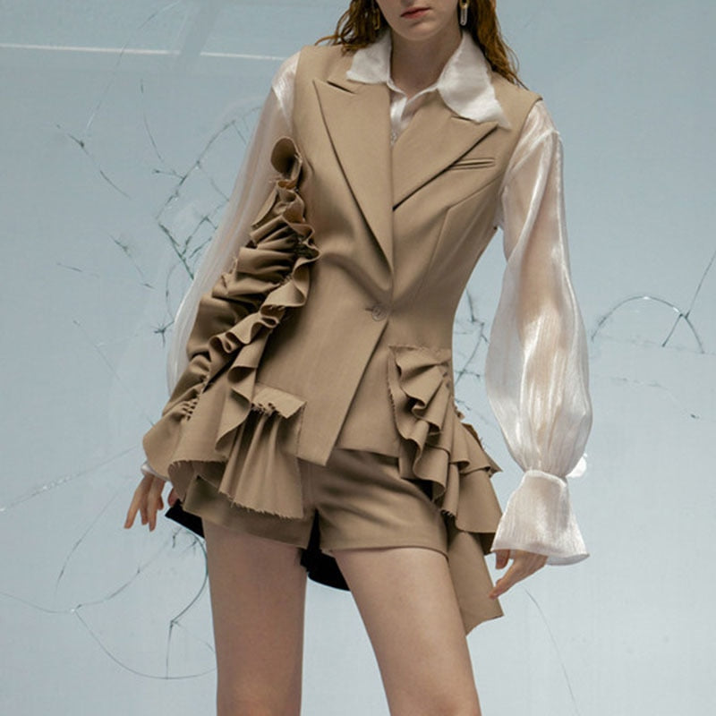 カーキ色のレディーススーツ パッチワーク フリル ルーシュ ノースリーブ