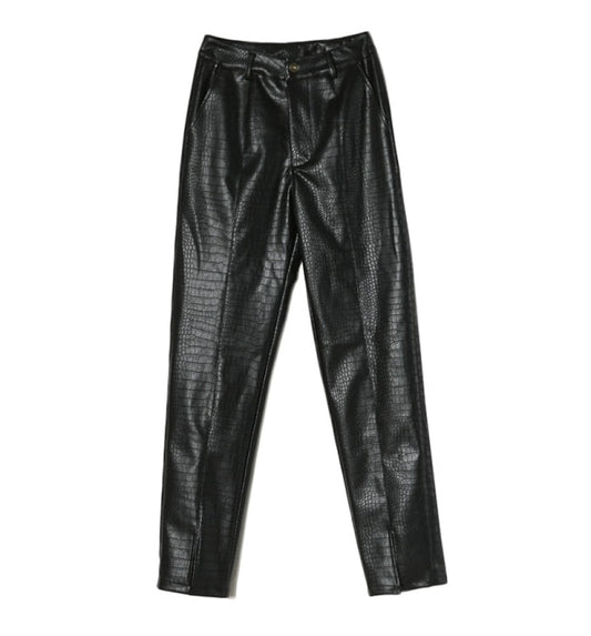 Women Black Faux Leather Pants Lady Loose Pencil Trousers Streetwear