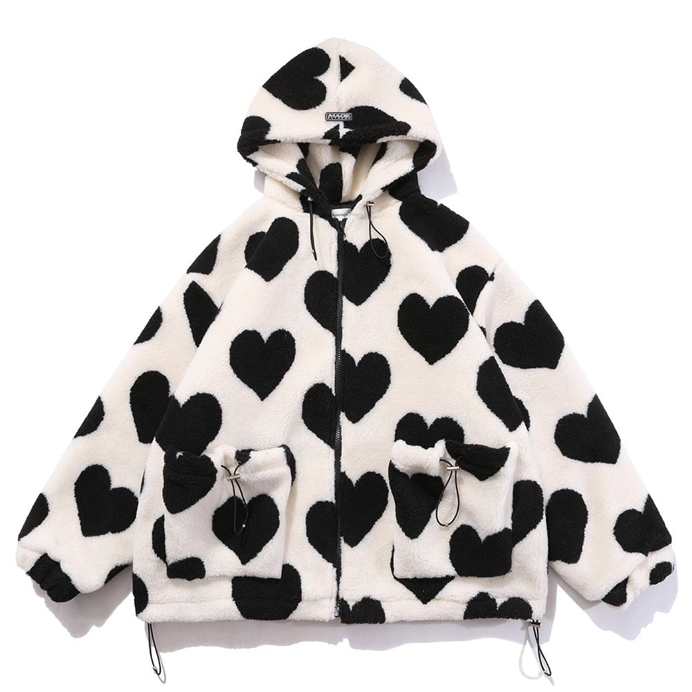 Cute Heart-shaped Print Lambswool Winter Jacket Couple Streetwear