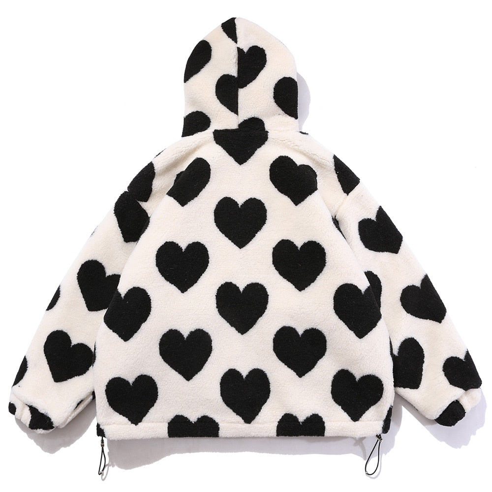 Cute Heart-shaped Print Lambswool Winter Jacket Couple Streetwear