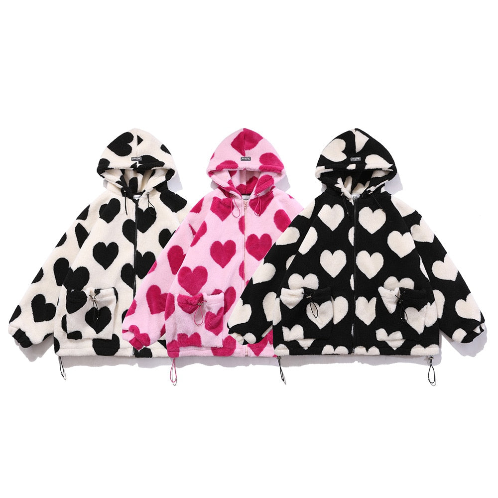 Cute Heart-shaped Print Lambswool Winter Jacket Couple Streetwear