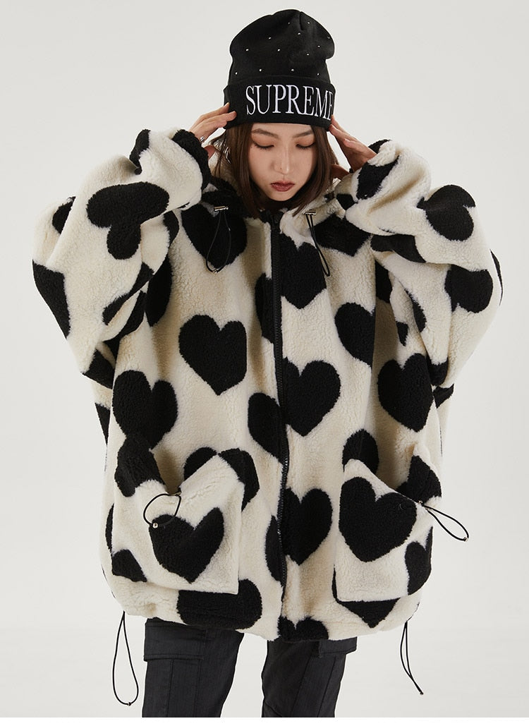 Cute Heart-shaped Print Lambswool Winter Jacket Couple Streetwear