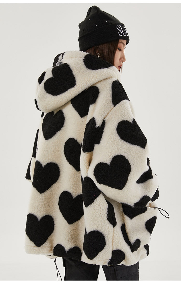 Cute Heart-shaped Print Lambswool Winter Jacket Couple Streetwear
